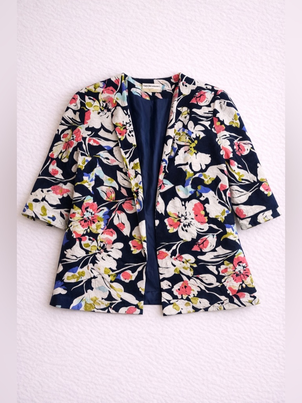 Alfred Dunner Floral Open Front Jacket 24W Navy Multi Lightweight Blazer